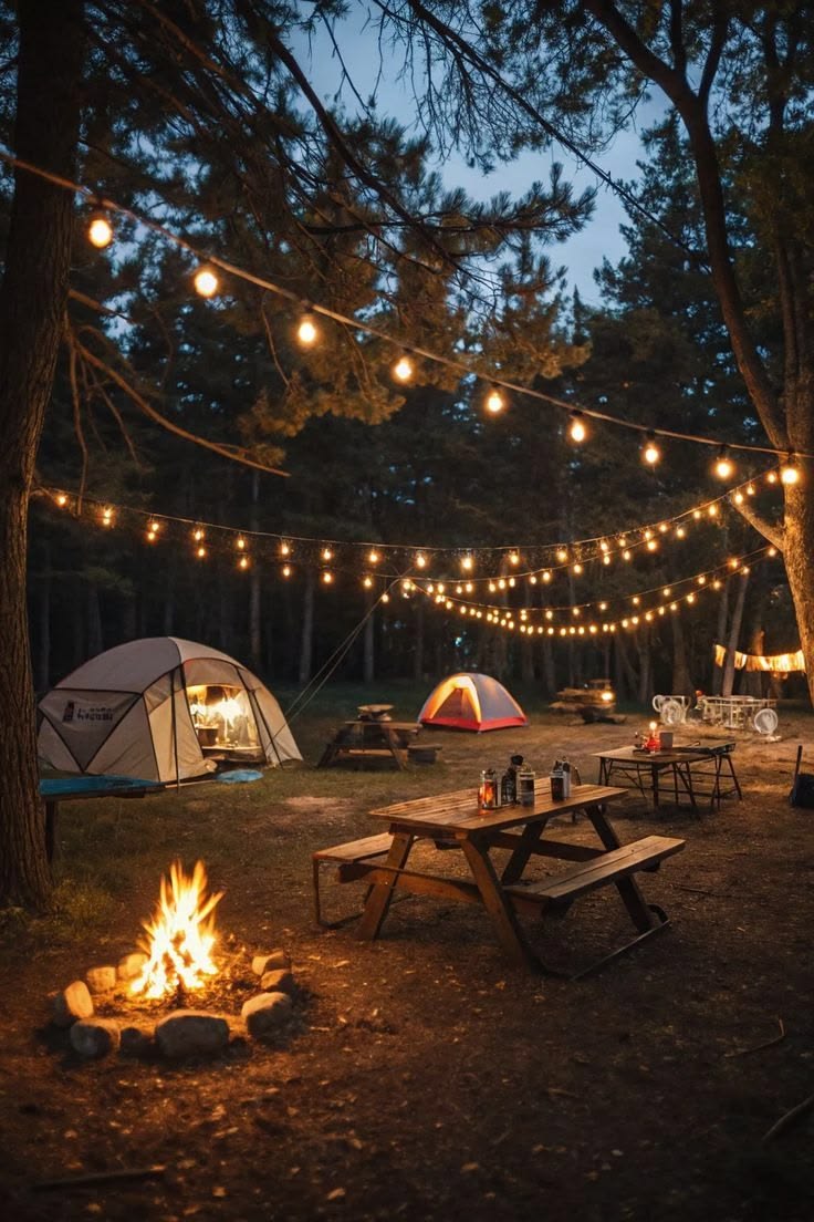 Campsite at dusk lit by festoon lights strung between pines, with a fire pit and picnic tables