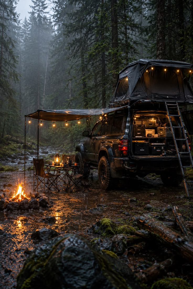 Four-wheel drive with a rooftop tent and awning strung with lights at a rainy forest campsite
