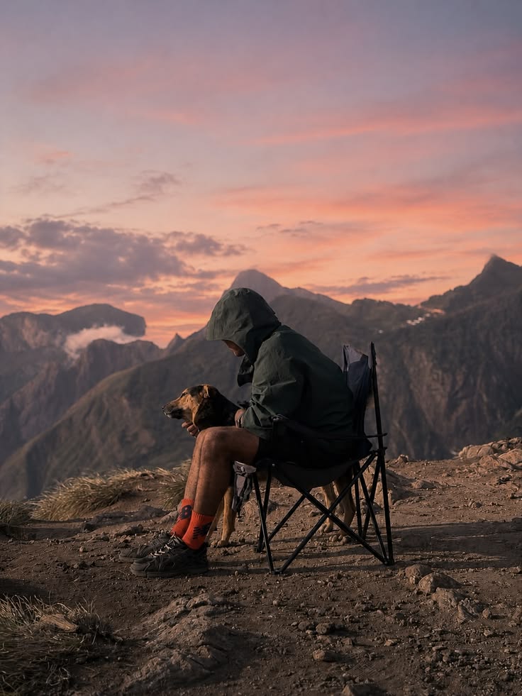 Hiker resting in a folding camp chair with a dog, looking out over mountains at sunset
