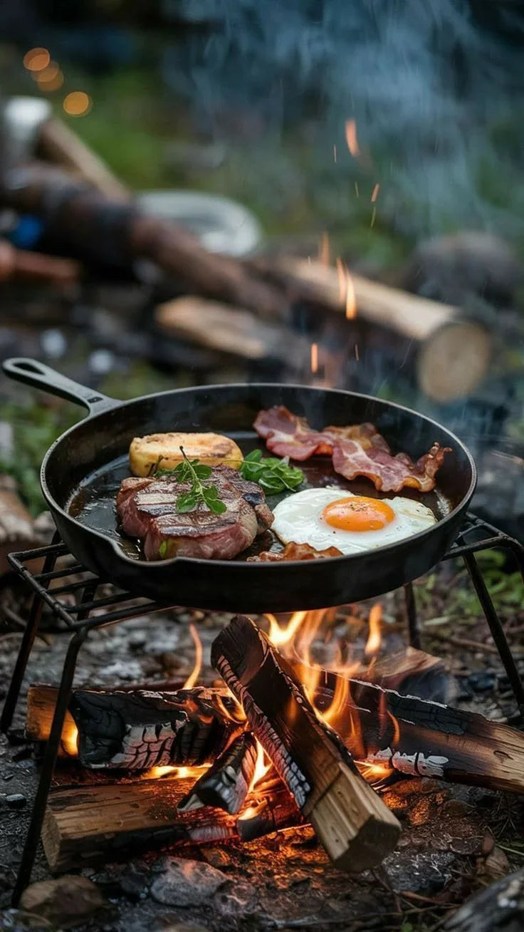 Cast-iron pan of steak, bacon and a fried egg cooking over an open campfire