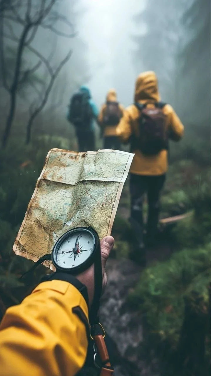 Hand holding a paper map and compass while three hikers in rain jackets walk ahead through misty forest