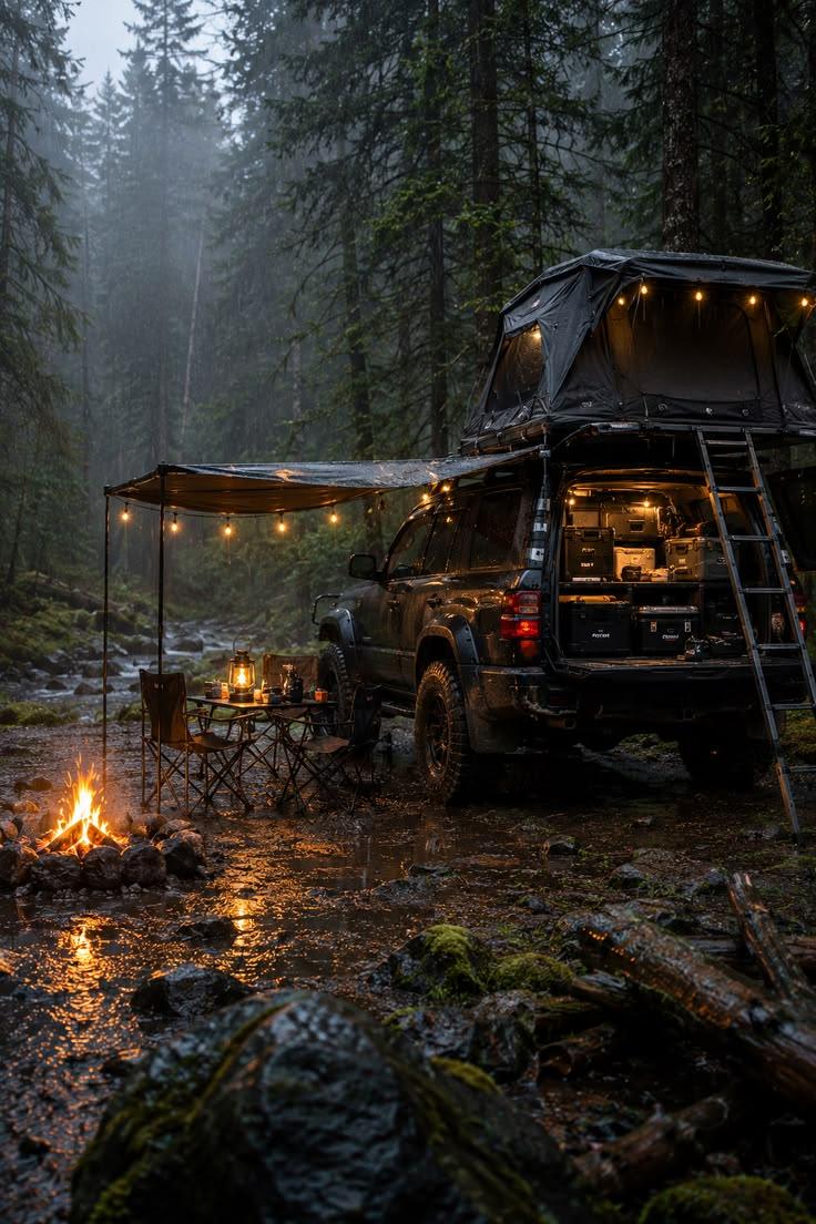 Four-wheel drive with a rooftop tent and awning strung with lights at a rainy forest campsite