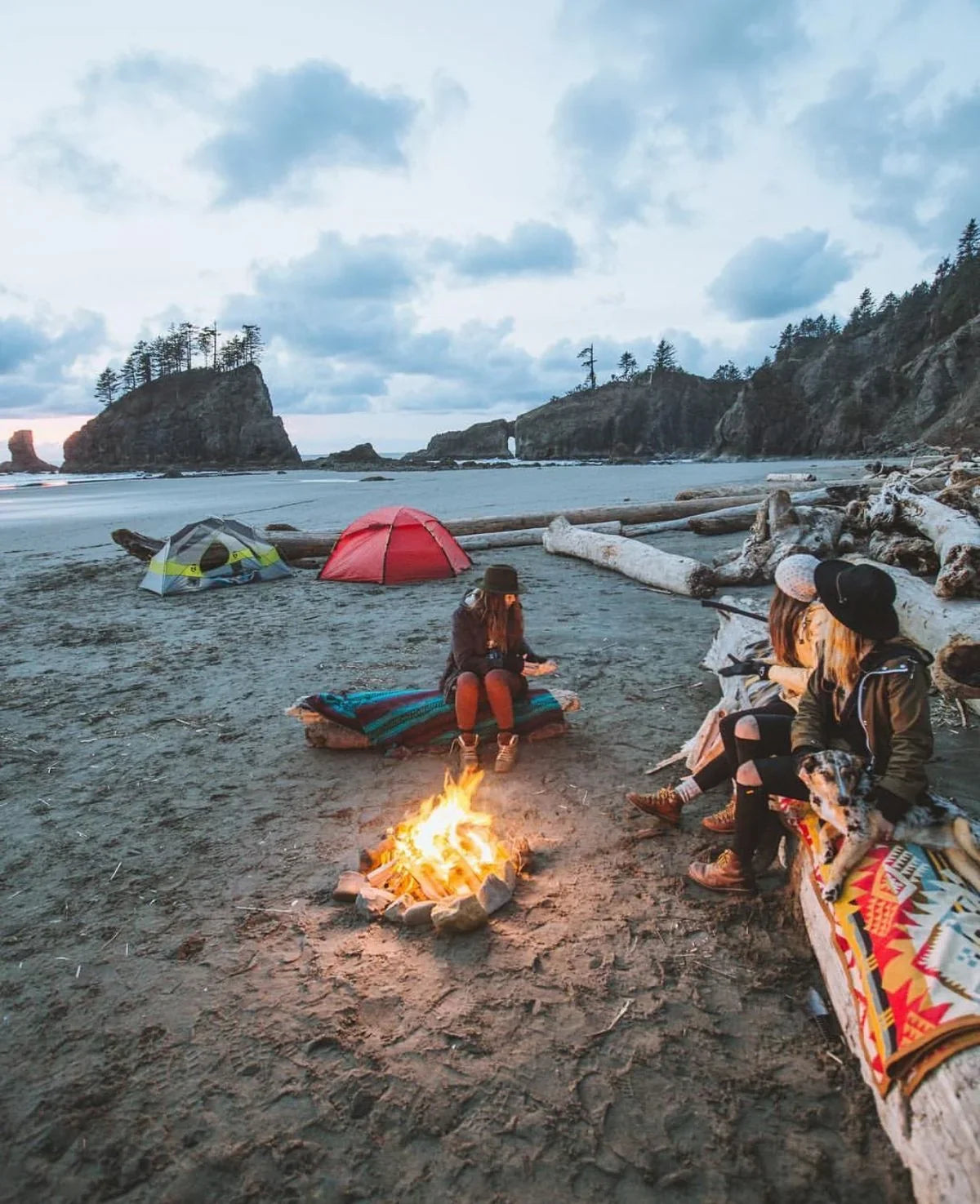 Campers around a driftwood fire on a sea-stack beach at dusk, with tents pitched on the sand behind them
