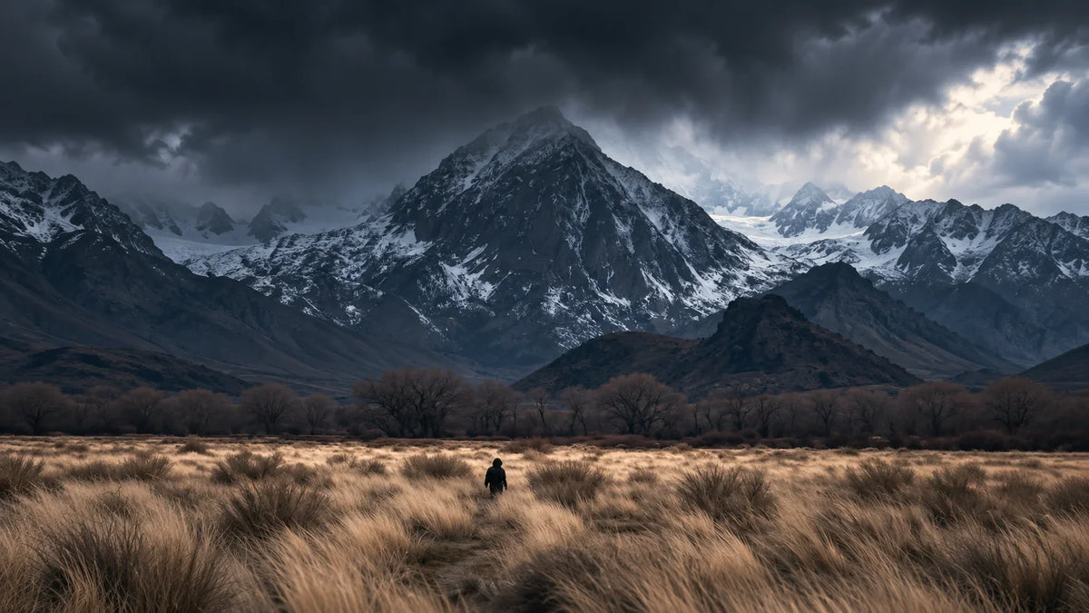 Lone figure crossing windswept grassland below a snow-covered mountain under heavy storm cloud
