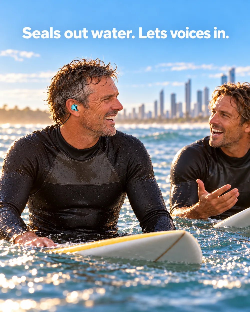 Seals out water, lets voices in: a surfer wearing ColdWall Plugs talking with a mate in the line-up