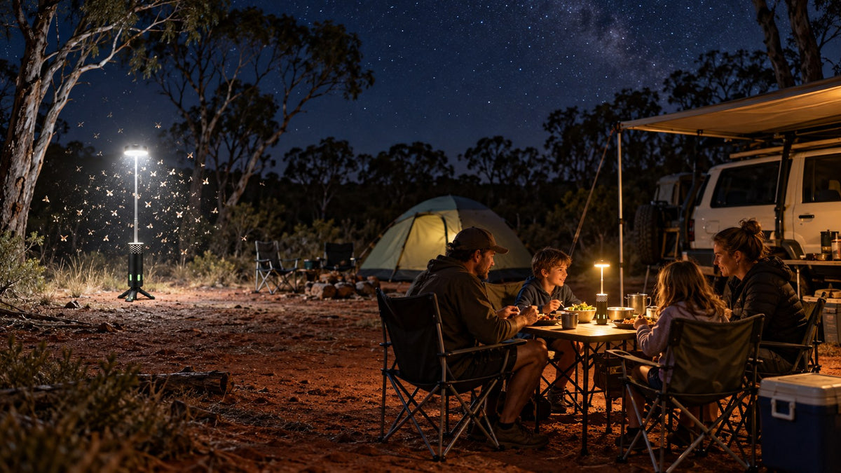 Campsite at night with the Decoy Light holding the swarm away from the table