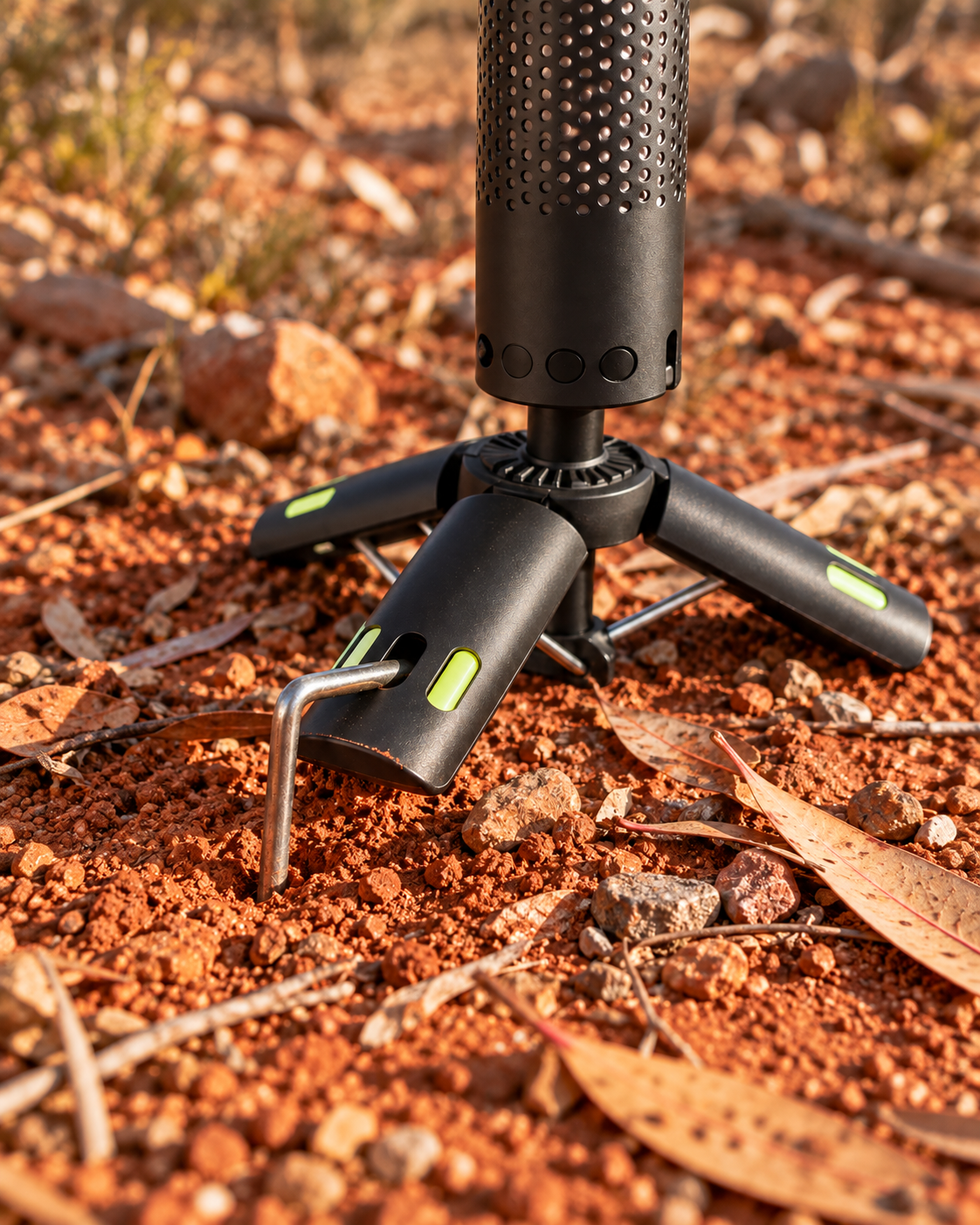 The Decoy Light standing on its tripod with ground spikes