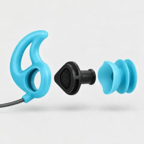 The parts of a ColdWall Plug: seal tip, acoustic mesh core, wing and leash