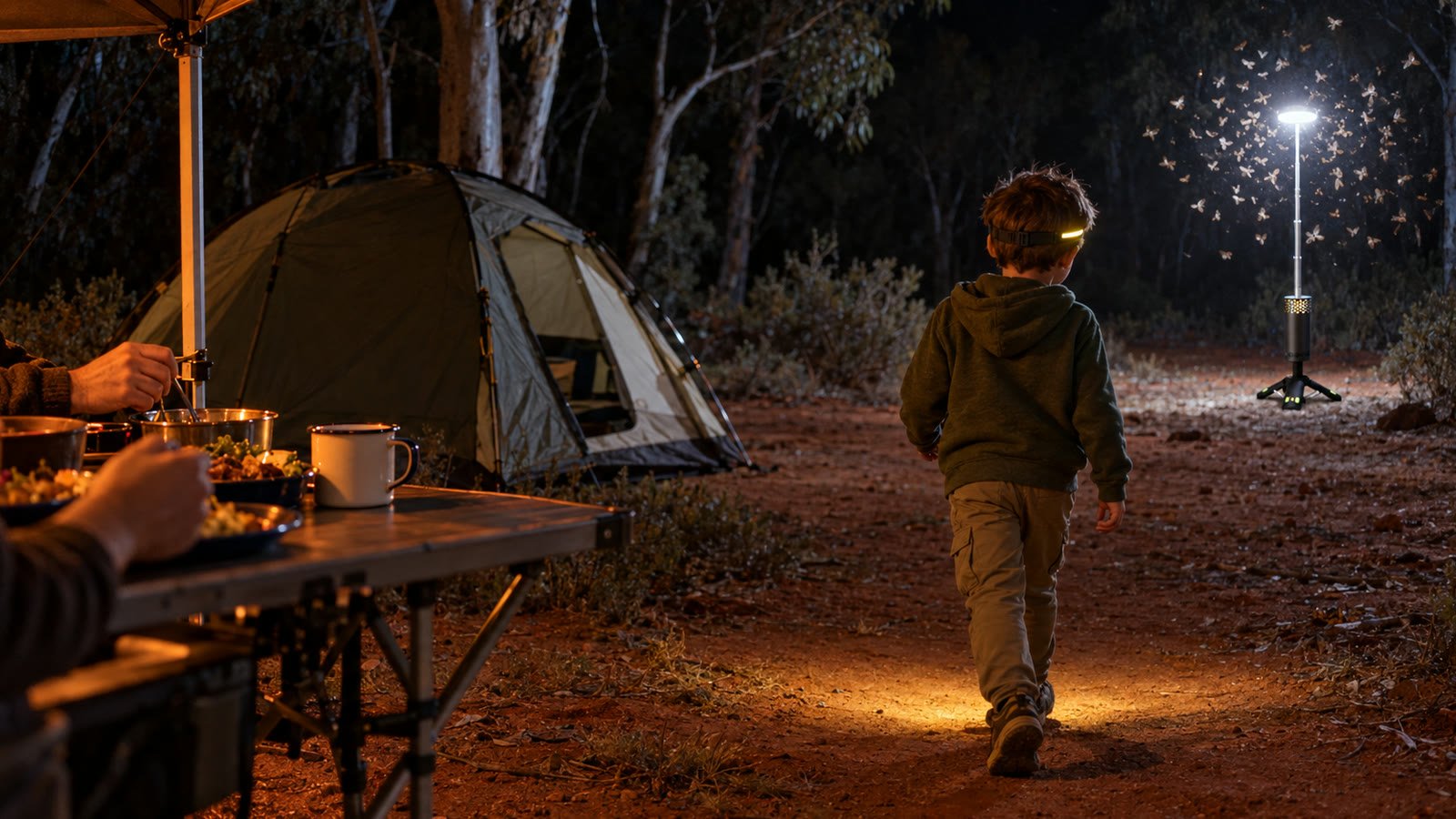 A boy walks to the tent wearing the free Halo Head Torch while the Decoy Light holds the moths far from the table
